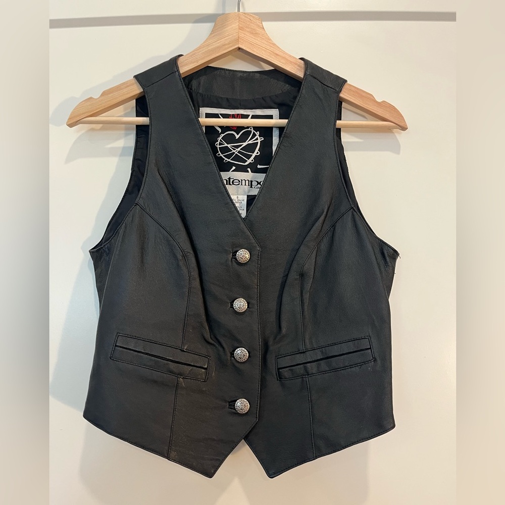Vtg Contempo Casuals Genuine Leather moto biker goth western black Vest sz S